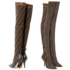Fendi Rockoko Brown FF Logo Stretch Knit Sock Thigh High Boots - 35